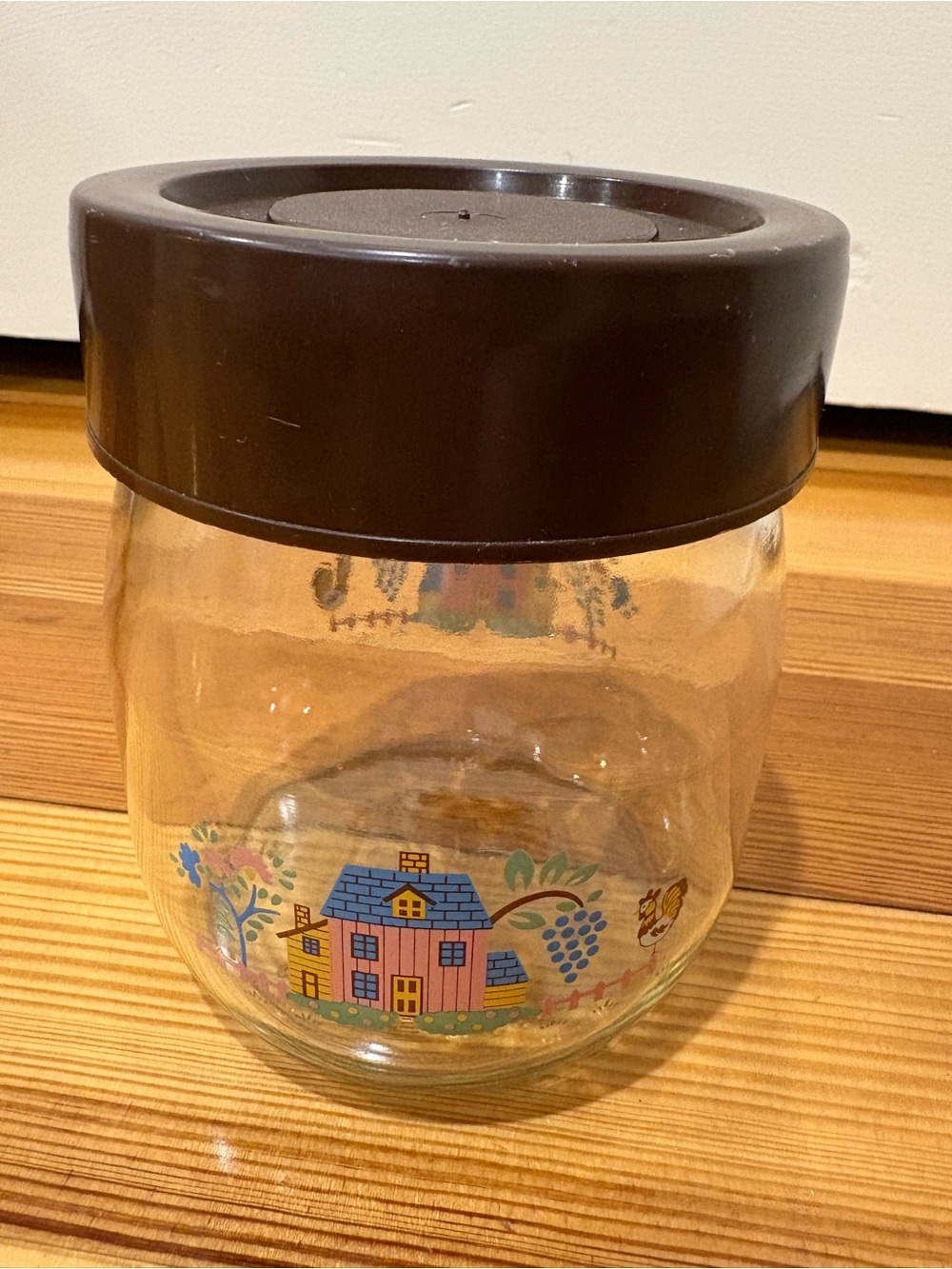 Carlton Glass Vintage Glass Jar, Retro Floral Rooster design, cottage kitchen